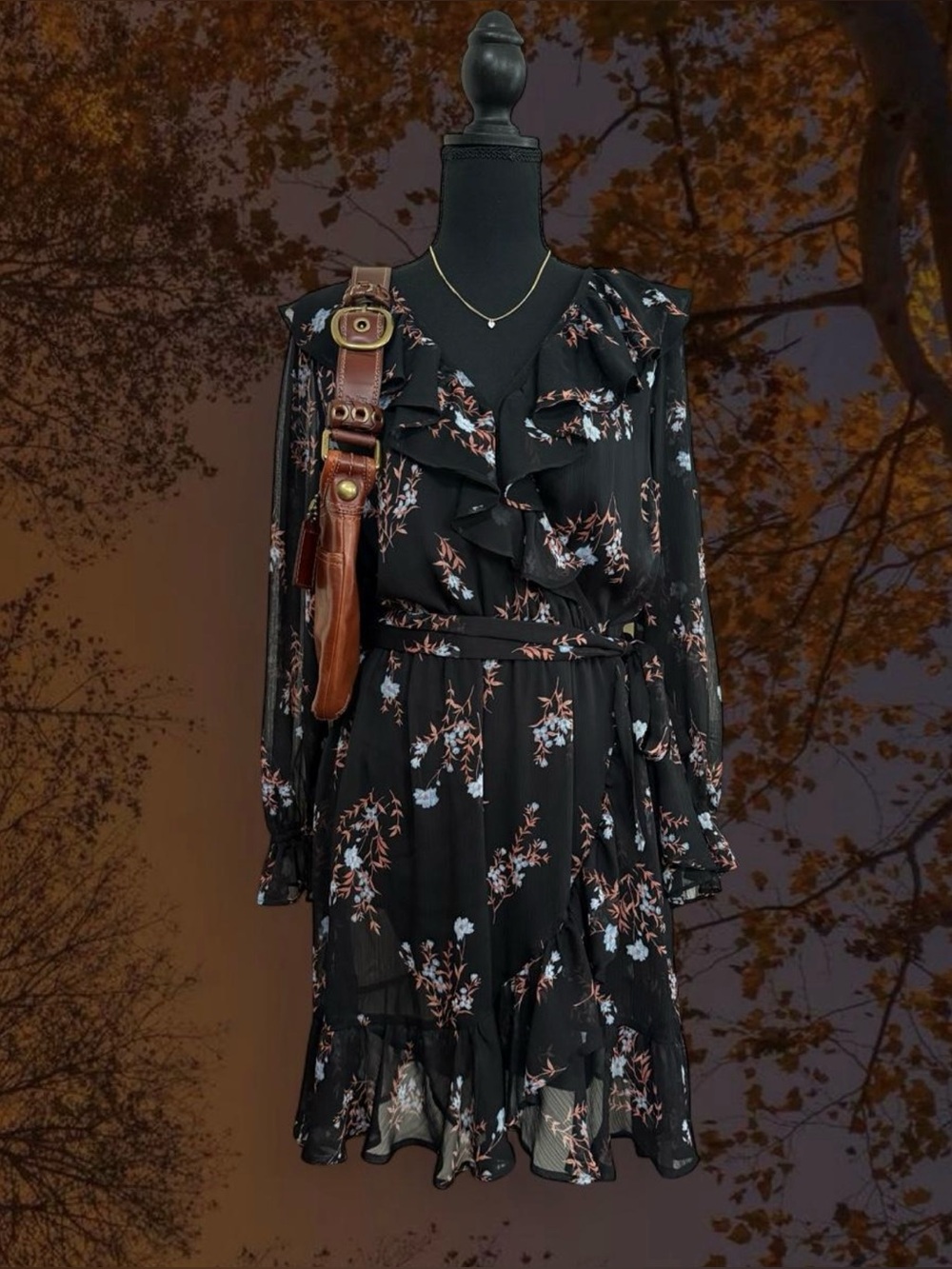 Blue & Brown Ruffle Whimsy Floral Long Sleeve Dress